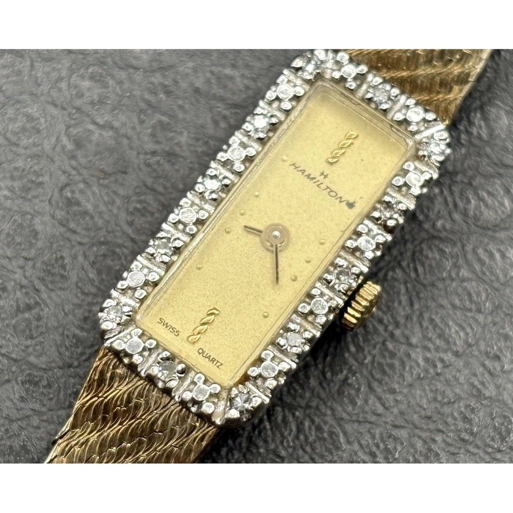 Hamilton Vintage Diamond Bezel Gold Plated Rectangular Watch Swiss NEEDS BATTERY - Picture 3 of 9